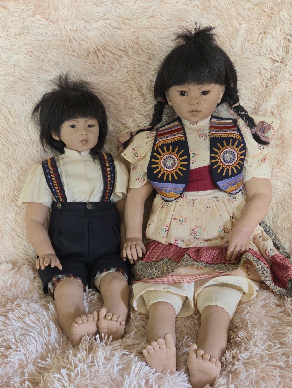 Handcrafted Asian-Style Girl Doll in Cream Floral Dress with Navy Vest